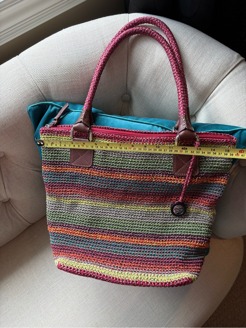 The Sak Crochet Knit Multicolor Tote Shoulder Bag Boho Striped Large Zip Top - Picture 2 of 10